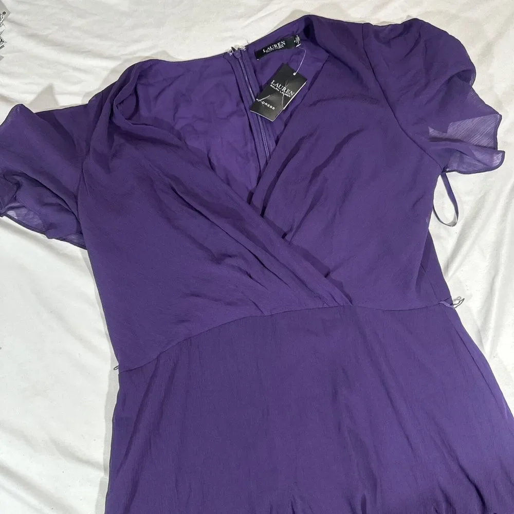 NWD$165 LAUREN Ralph Lauren [ 14 ] Crinkle Georgette Surplice Dress‎ Purple